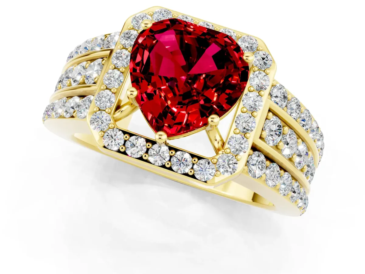 Heart Cut Halo Ruby Ring with Round Split Shank and Prong Setting Yellow gold