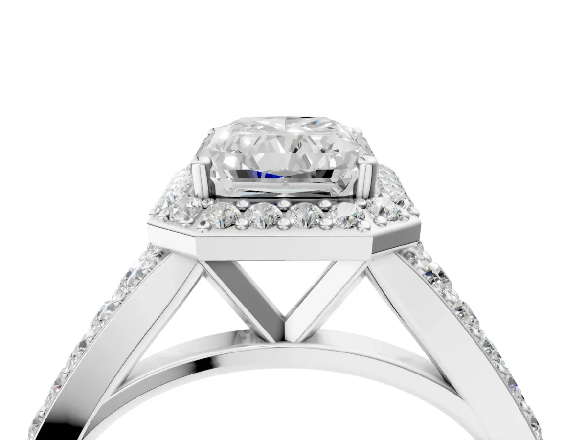 Radiant Cut Diamond Split Shank Halo Ring with Four-Prong Setting Platinum