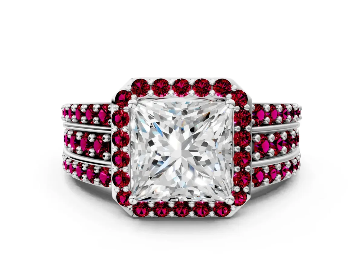 Princess Cut Halo Diamond Ring with Round Garnet Split Shank and Prong Setting Silver