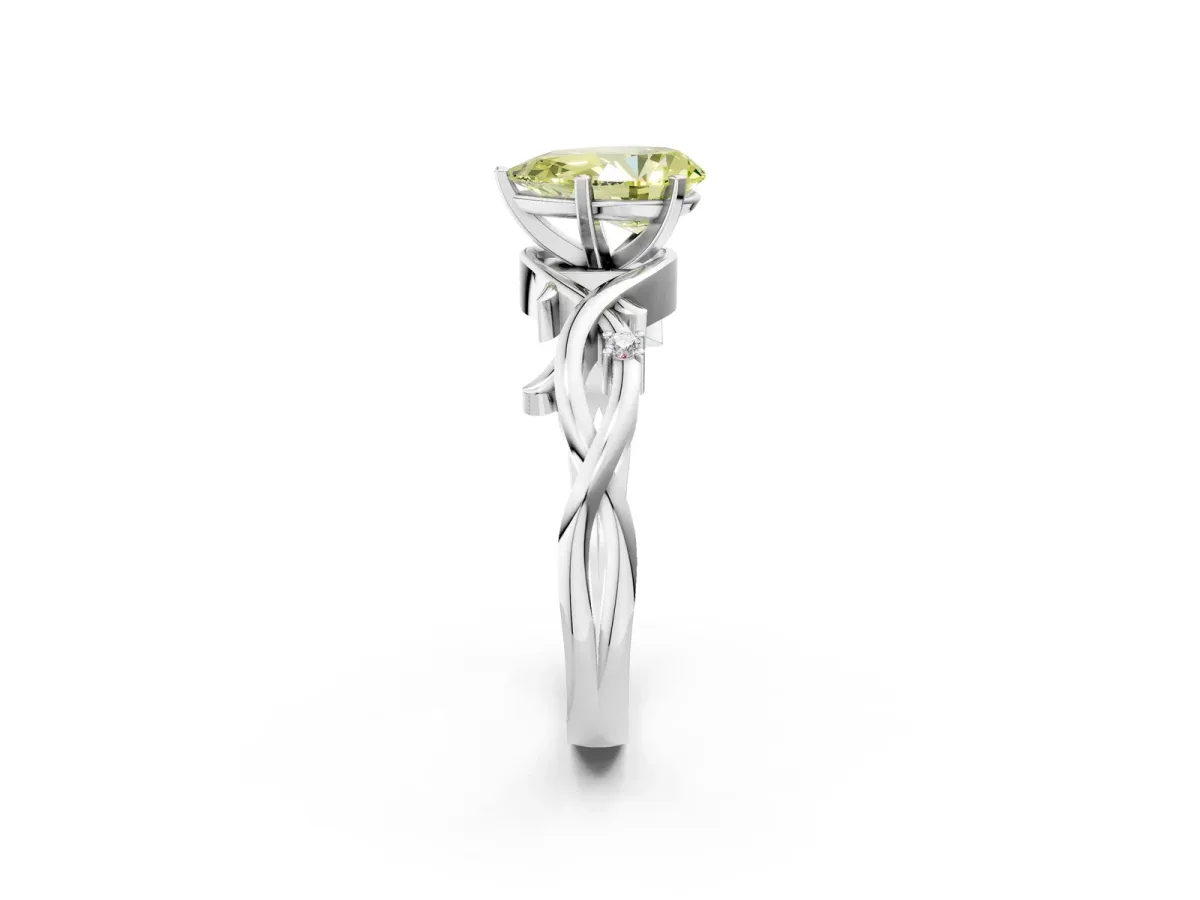 Fancy Yellow Pear Cut Diamond Solitaire Ring with Twisted Band and Prong Setting Platinum