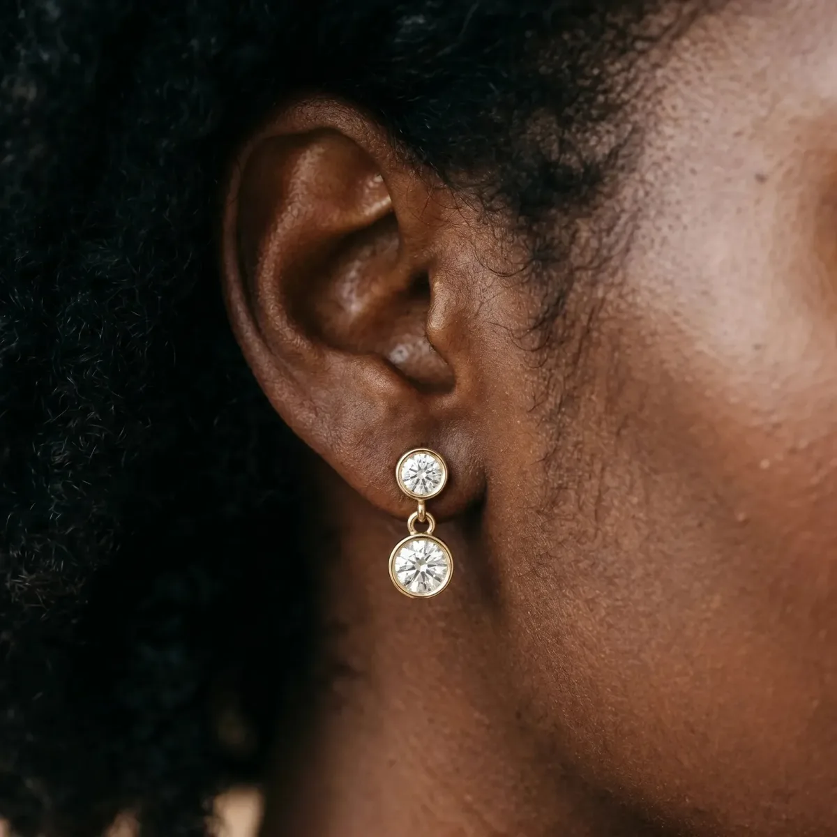 Bezel-Set Round Cut Drop Earrings with Post Back Yellow gold