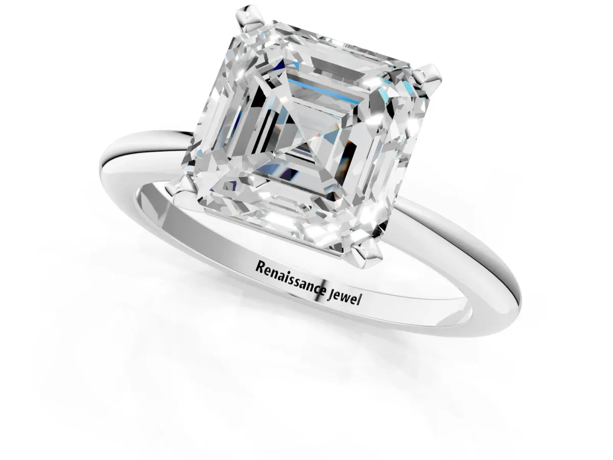 Asscher Cut Diamond Solitaire Ring with Six-Prong Setting and Classic Band Platinum