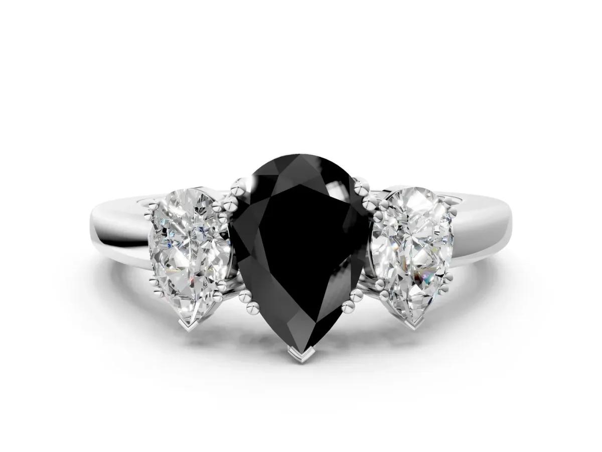 Fancy Black Three-Stone Pear Cut Cut Diamond Ring with Channel Set Band and Four-Prong Setting Silver
