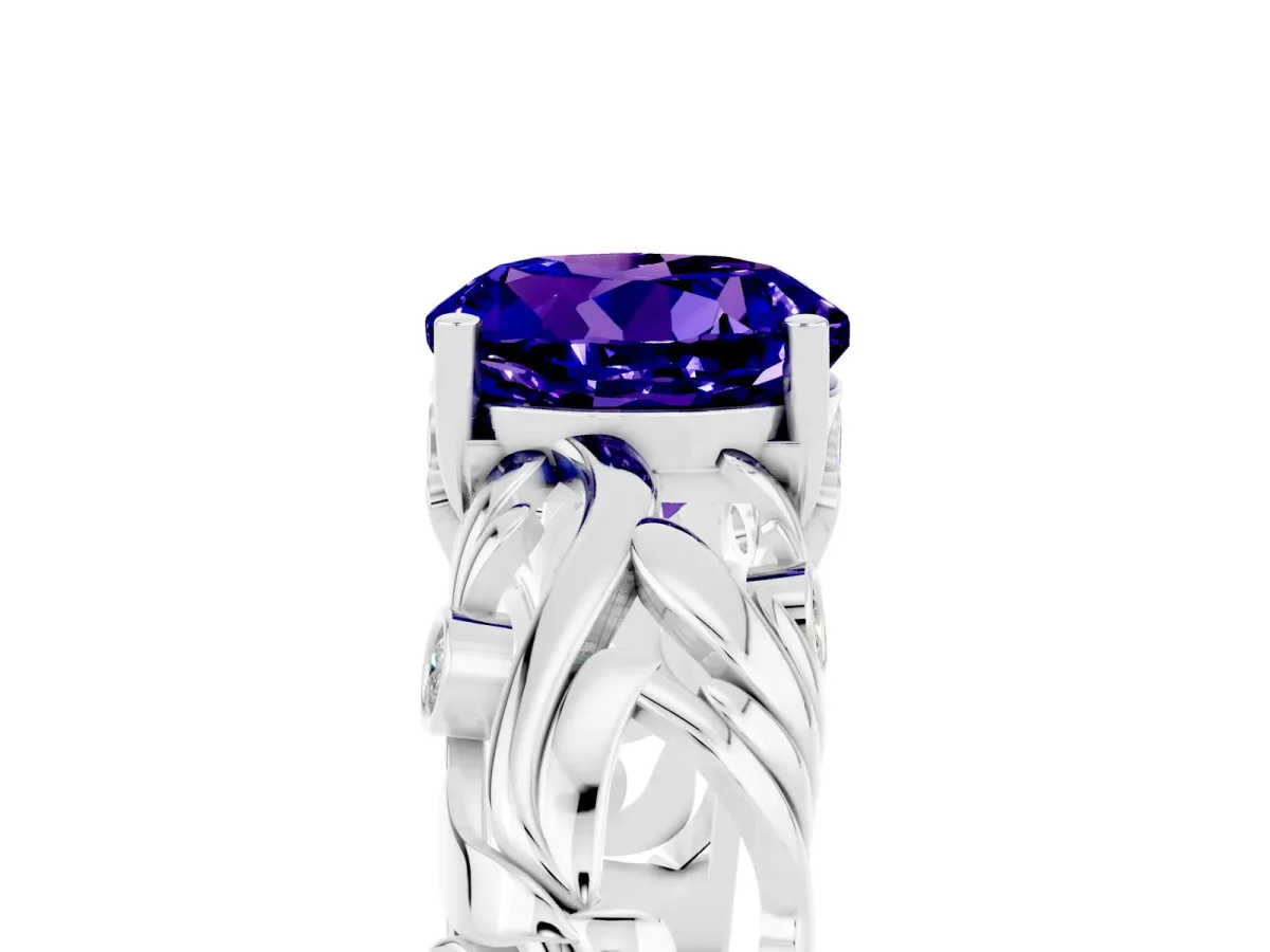 Round Cut Solitaire Tanzanite Leaf-Inspired Vine Band Ring with Prong Setting Silver