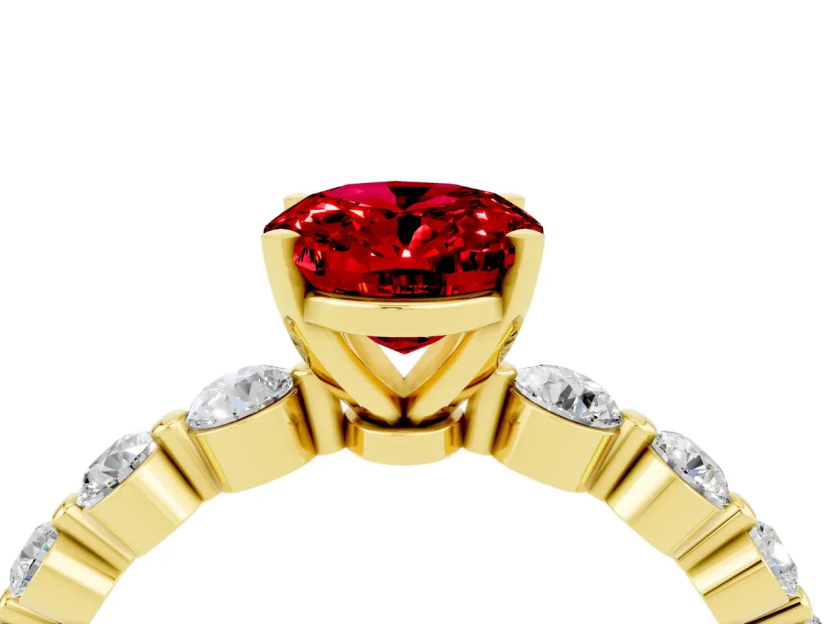 Oval Cut Solitaire Ruby Ring with Pave Band and Four-Prong Setting Yellow gold