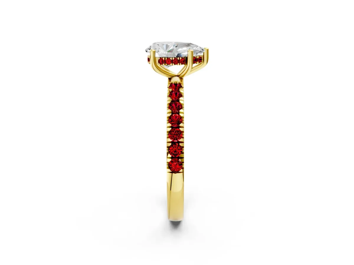 Pear Cut Diamond Pave Band Solitaire Ring with Round Ruby and Prong Setting Yellow gold