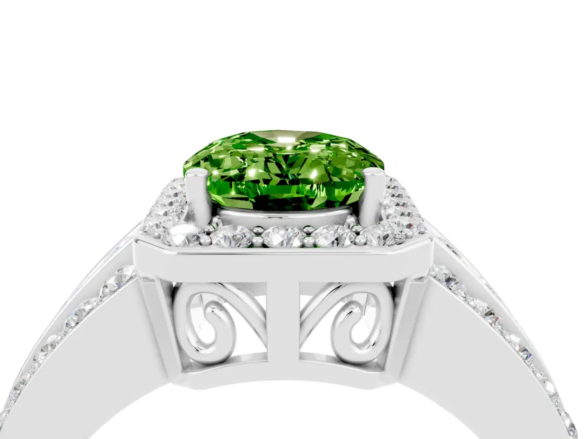 Oval Cut Halo Peridot Ring with Round Split Shank and Prong Setting Silver