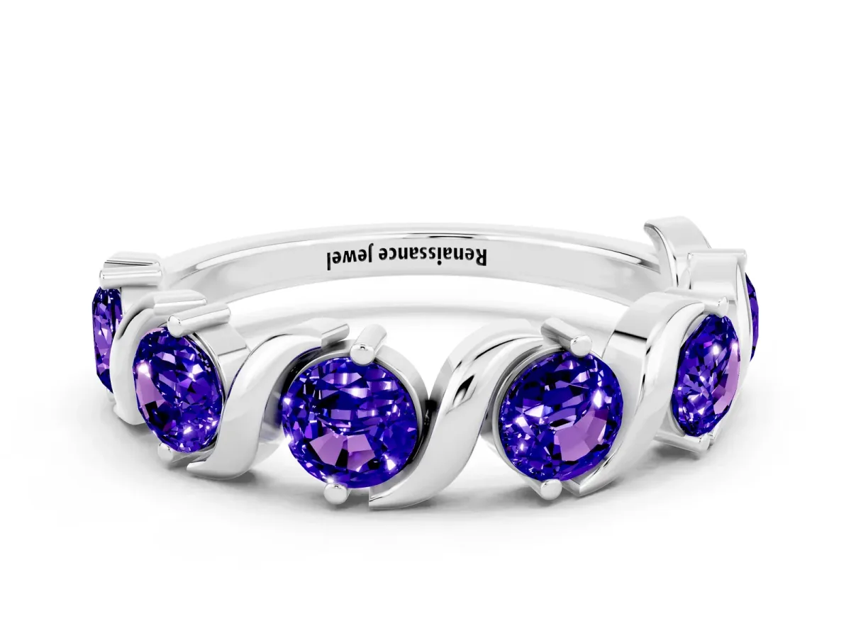 Six-Stone Round Tanzanite Wave Band with Shared Prong Setting Silver