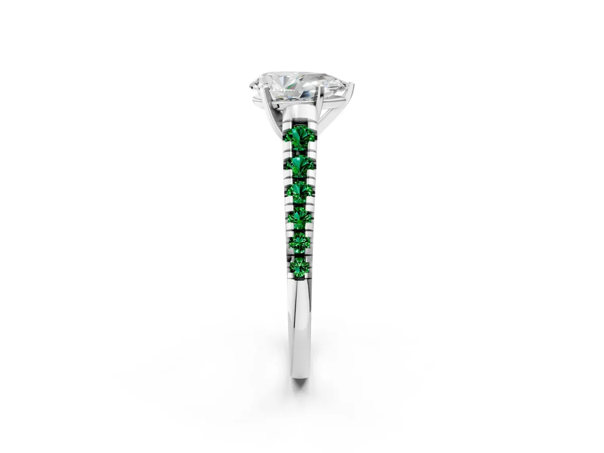 Pear Cut Diamond Cathedral Solitaire Ring with Round Emerald Pavé Band White gold