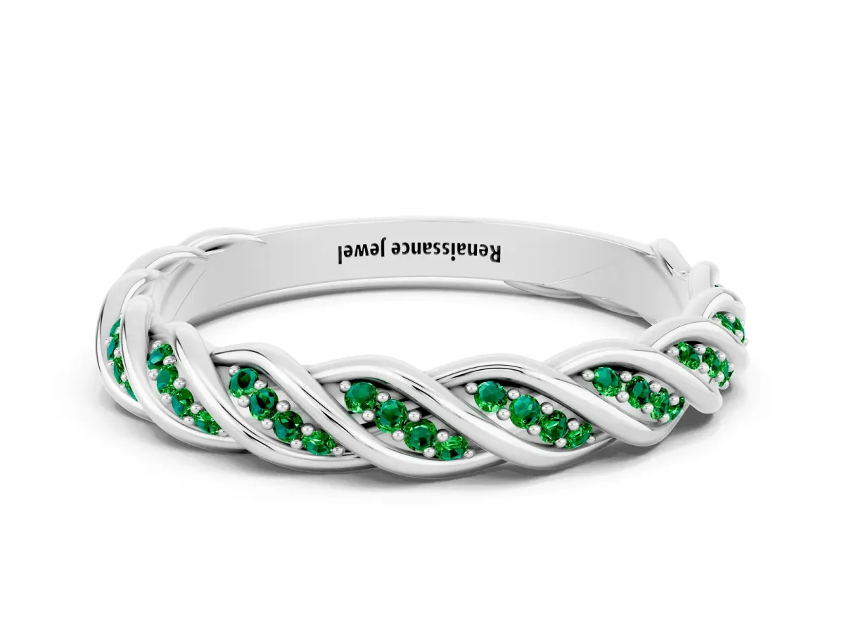 Twisted Pavé Round Emerald Eternity Band with Shared Prong Setting Silver