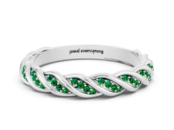 Twisted Pavé Round Emerald Eternity Band with Shared Prong Setting Platinum