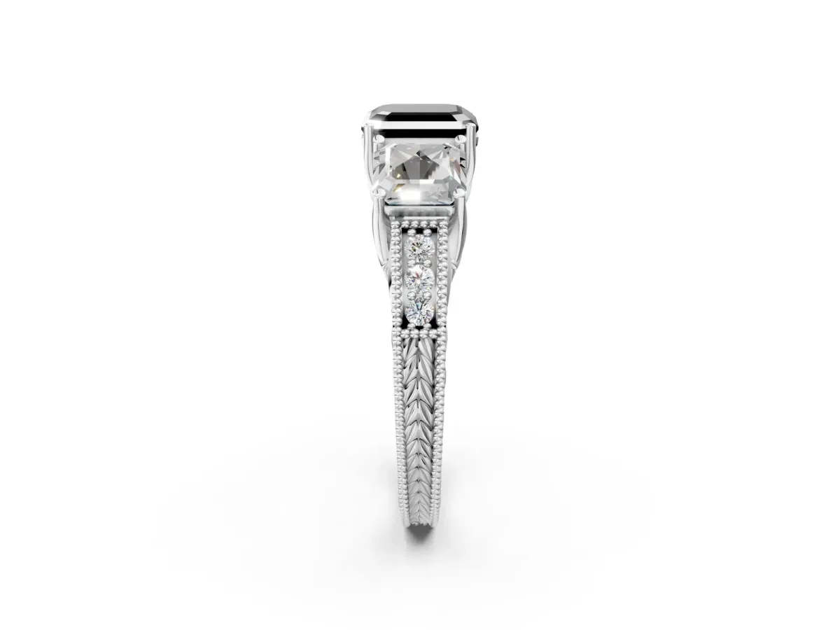 Fancy Black Three-Stone Asscher Cut Cut Milgrain Pavé Engagement Ring Platinum