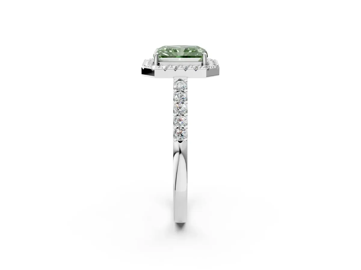 Fancy Green Radiant Cut Halo Diamond Pavé Solitaire Ring Silver