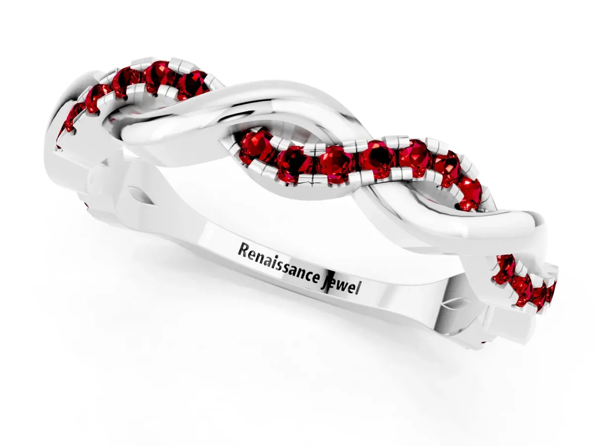 Round Ruby Twist Eternity Band with Pavé Setting White gold
