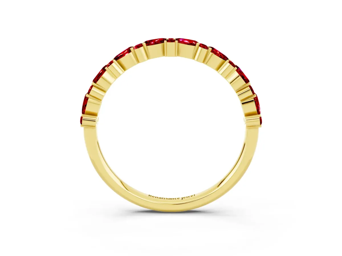Pear and Round Ruby Wedding Band Yellow gold