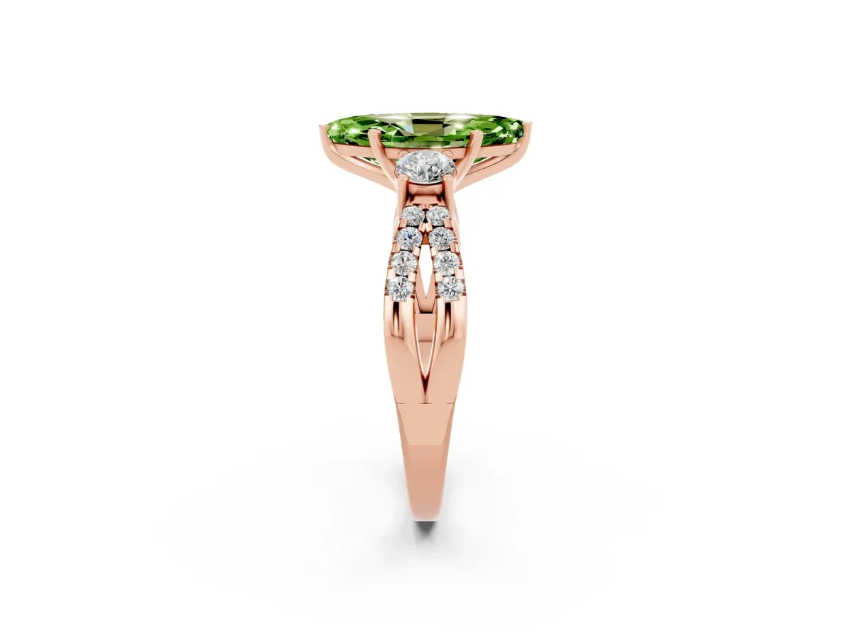 Marquise Cut Peridot Three-Stone Ring with Pavé Split Shank and Four-Prong Setting Rose gold