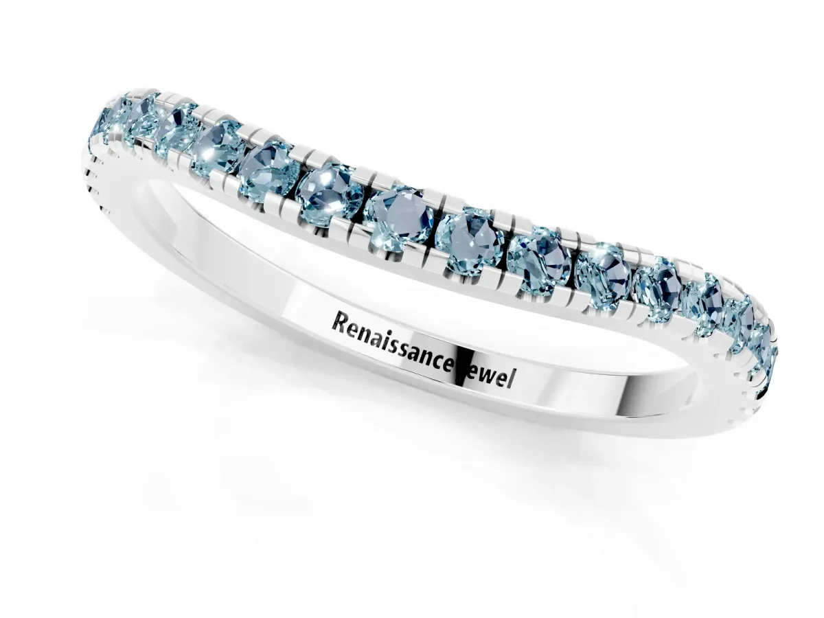Round Aquamarine Pavé Half Eternity Band with Shared Prong Setting Silver