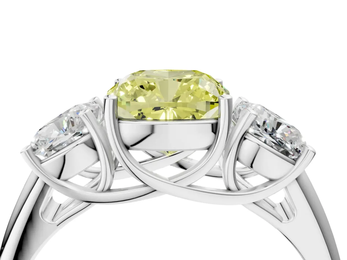 Fancy Yellow Three-Stone Cushion Cut Diamond Engagement Ring with Prong Setting White gold