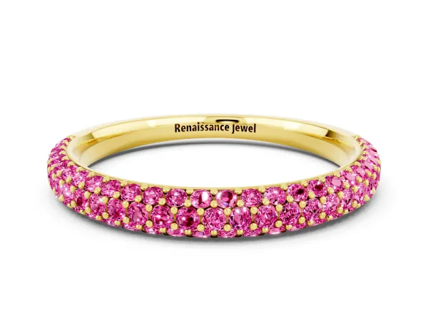 Round Pink Sapphire Pavé Eternity Band with Shared Prong Setting Yellow gold