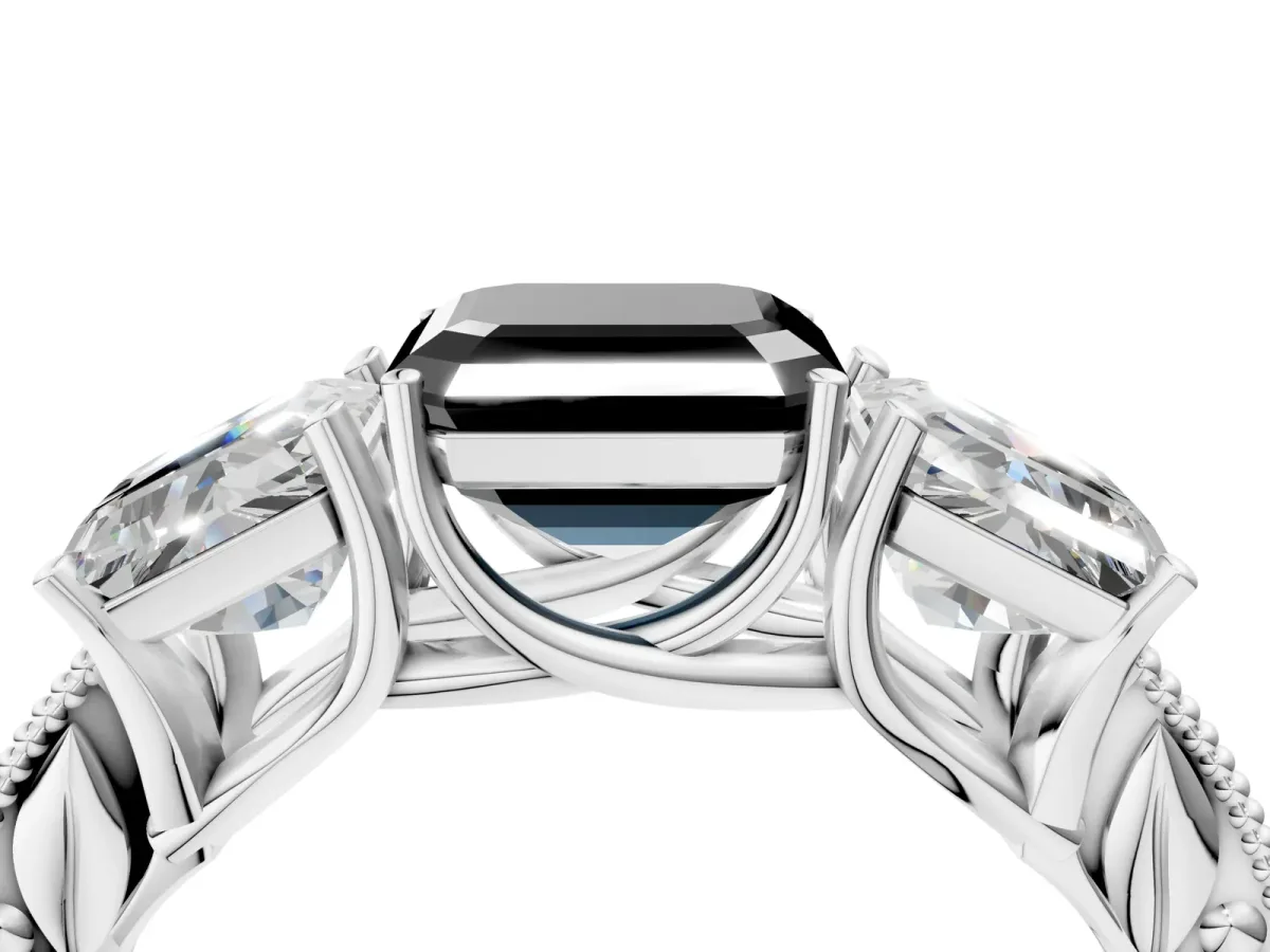 Fancy Black Three-Stone Asscher Cut Cut Milgrain Pavé Engagement Ring Platinum