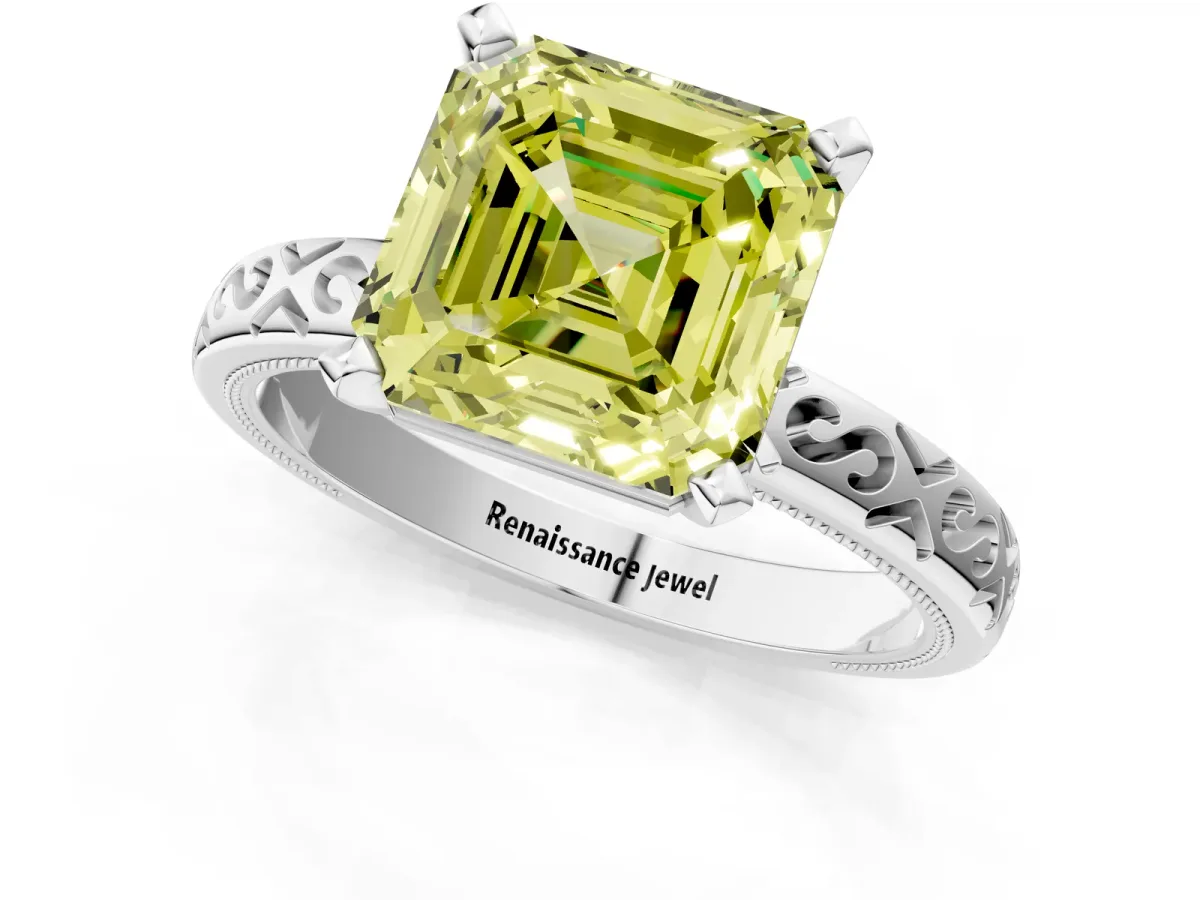 Fancy Yellow Asscher Cut Solitaire Engagement Ring with Scrollwork Band and Four-Prong Setting Platinum
