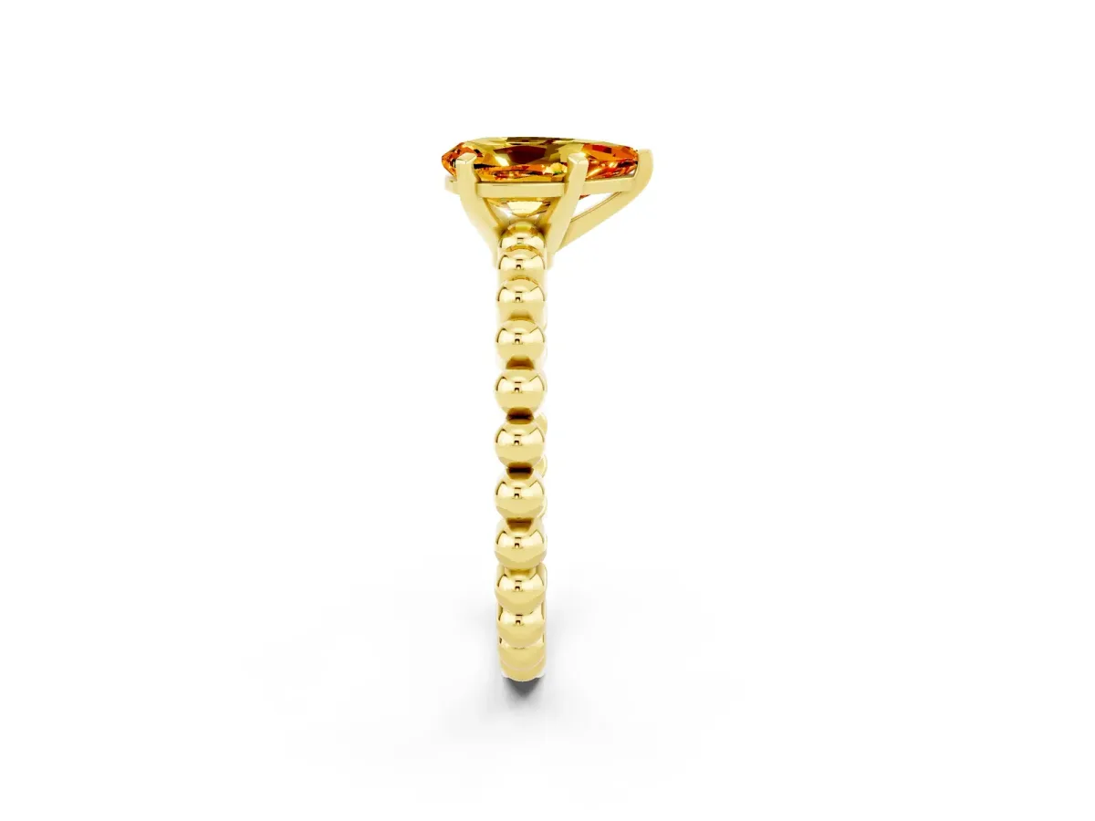 Pear Cut Citrine Solitaire Ring with Beaded Band and Prong Setting Yellow gold