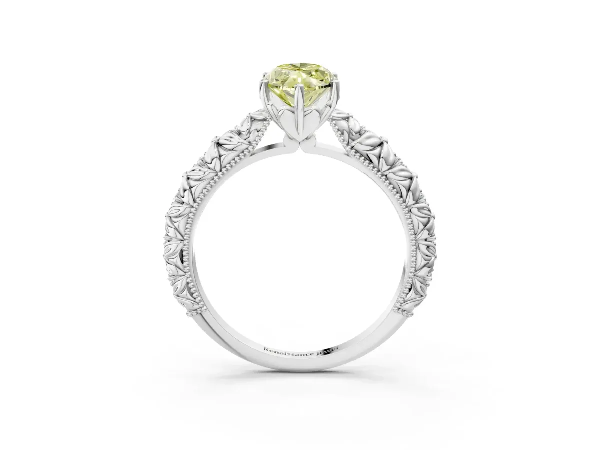 Fancy Yellow Marquise Cut Solitaire Floral Milgrain Engagement Ring Silver