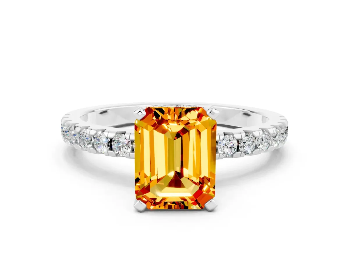 Emerald Cut Citrine Solitaire Ring with Round Pavé Band and Four-Prong Setting Platinum