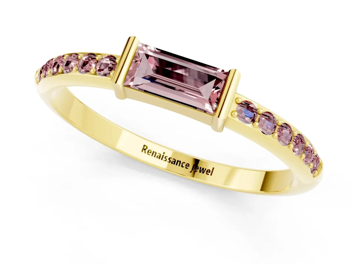 Baguette Morganite Pavé Band with Bar Setting Yellow gold