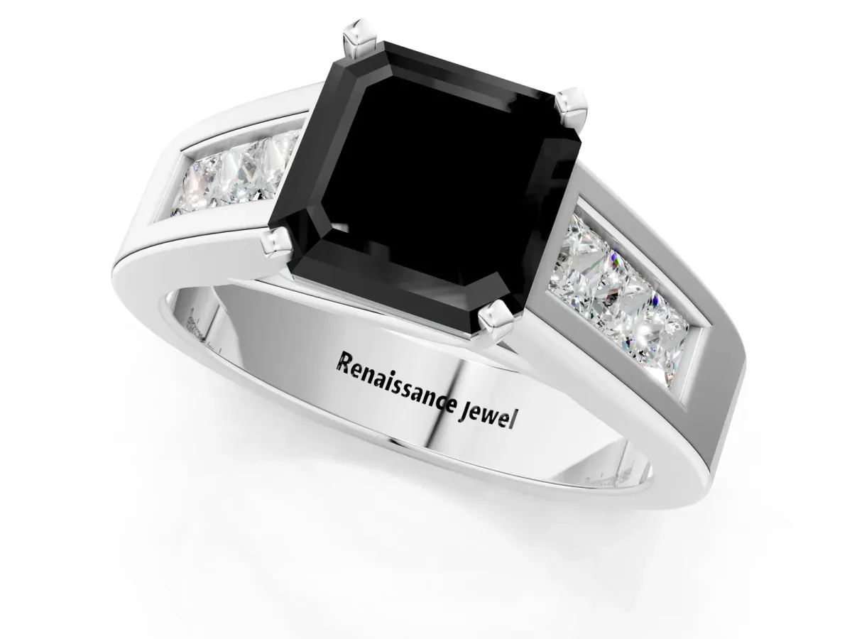 Fancy Black Asscher Cut Cut Channel Set Solitaire Ring with Four-Prong Setting Silver