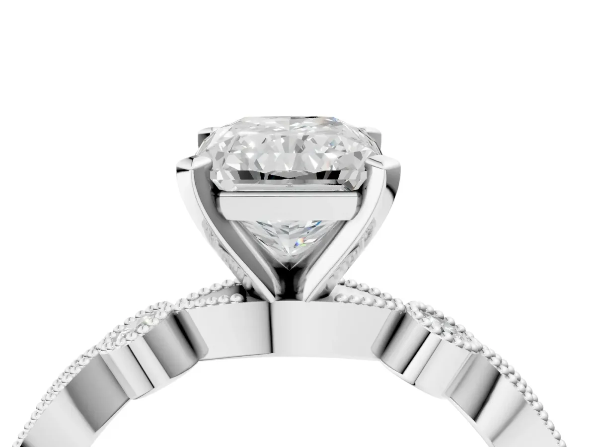 Radiant Cut Milgrain Bezel Diamond Engagement Ring with Solitaire Prong Setting Platinum