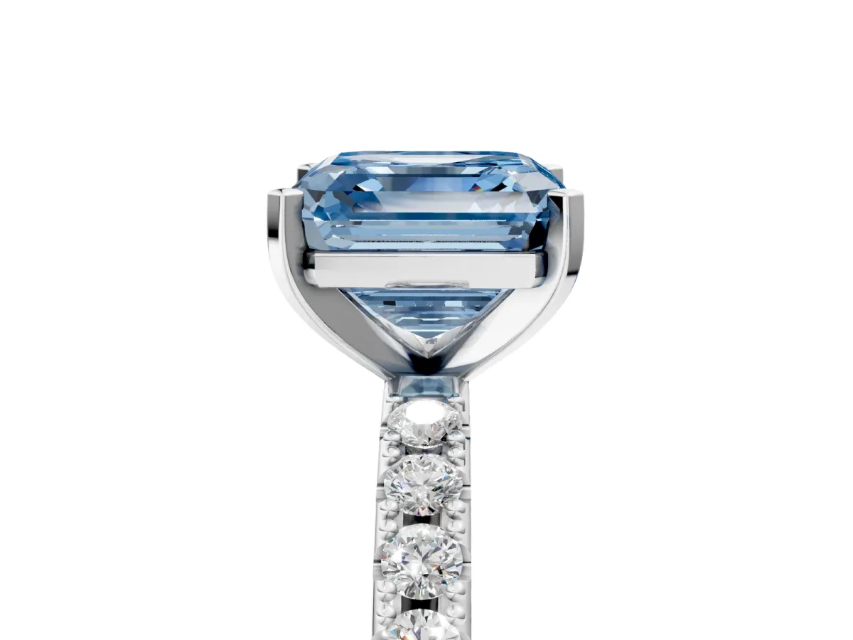 Fancy Blue Asscher Cut Diamond Solitaire Pavé Band with Four-Prong Setting Silver