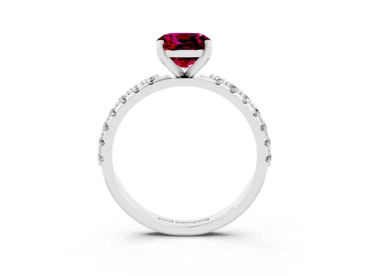 Cushion Cut Garnet Solitaire Pavé Band with Four-Prong Setting Platinum