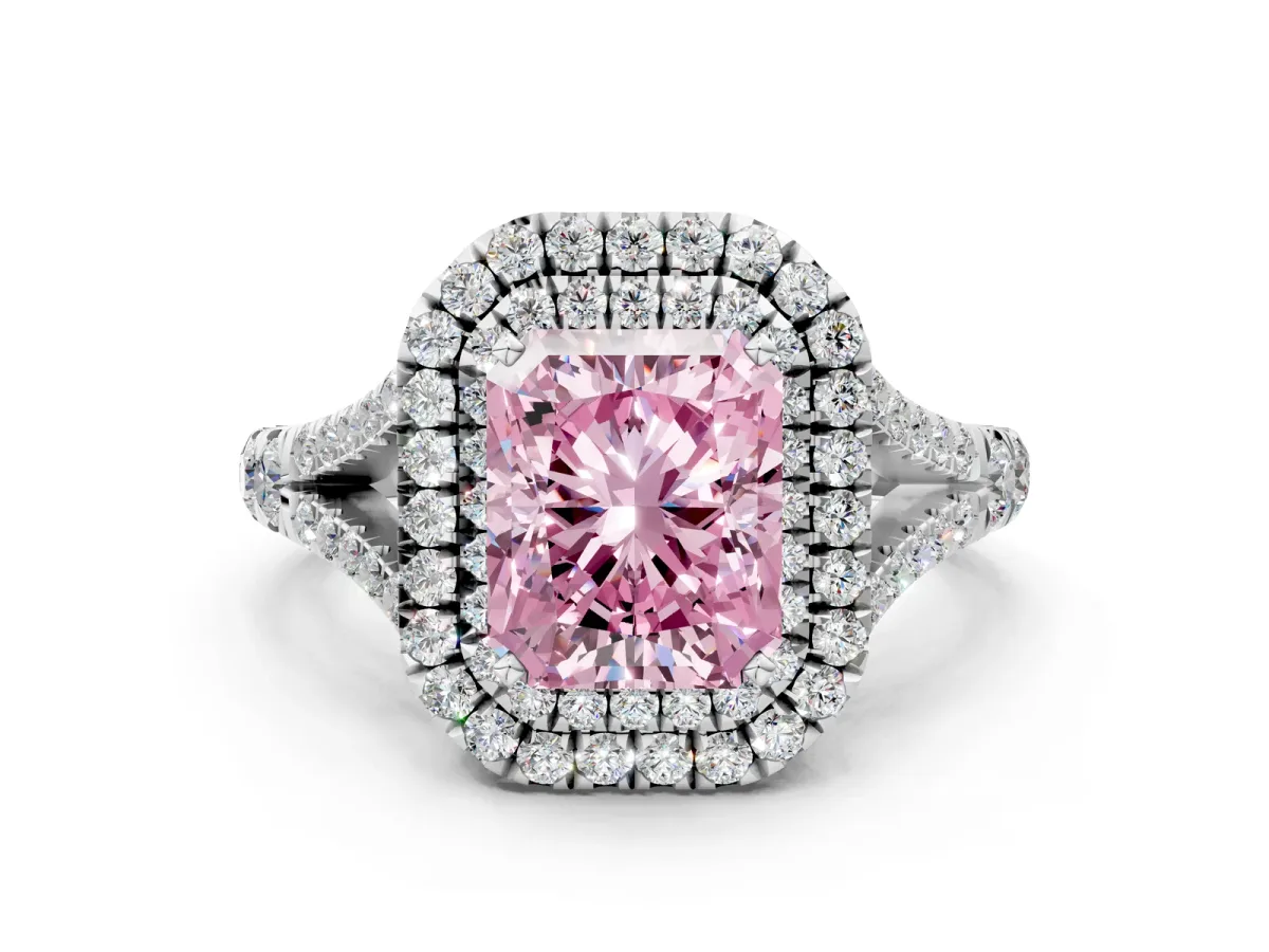 Fancy Pink Radiant Cut Diamond Pavé Split Shank Double Halo Engagement Ring Platinum