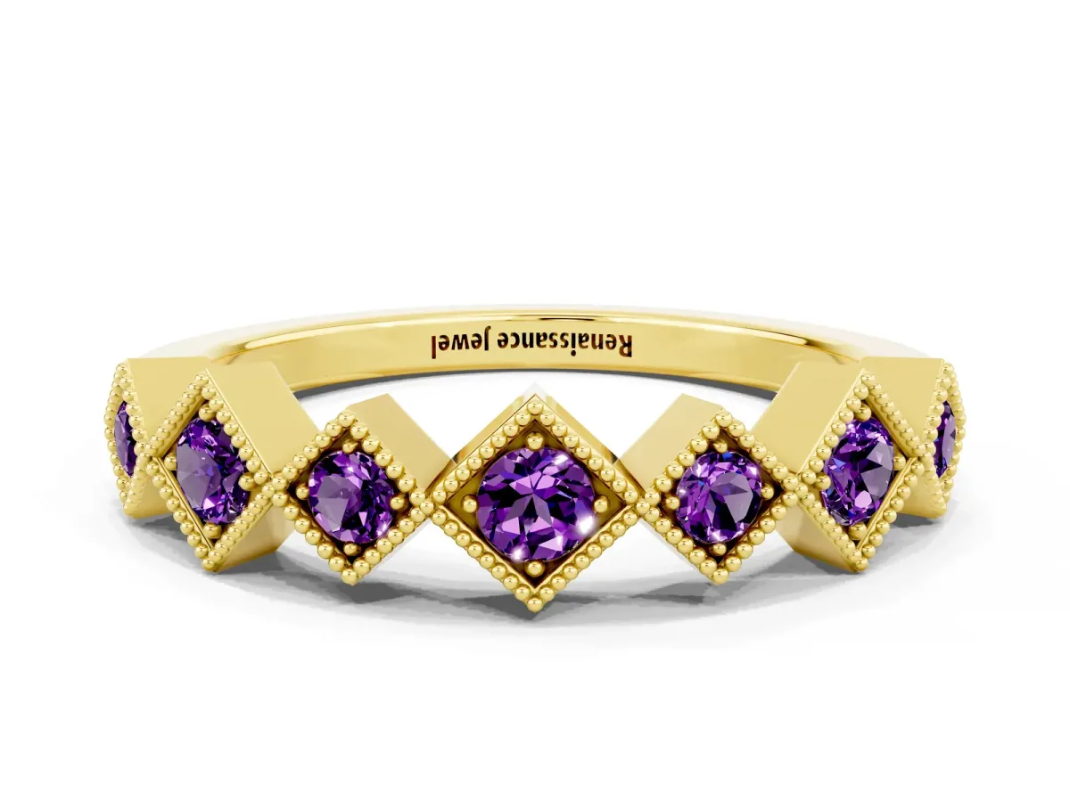 Milgrain Square Bezel Round Amethyst Chevron Band Yellow gold