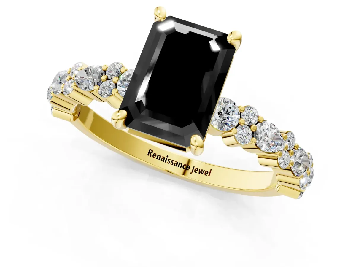 Fancy Black Emerald Cut Diamond Side Stone Solitaire Ring with Round and Four-Prong Setting Yellow gold