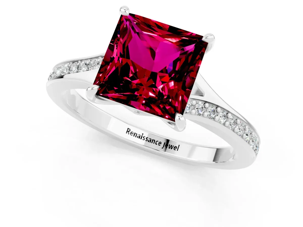 Princess Cut Garnet Solitaire Ring with Pavé Band and Prong Setting Silver