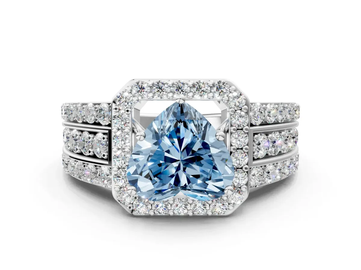 Fancy Blue Heart Cut Halo Diamond Ring with Round Split Shank and Prong Setting Platinum