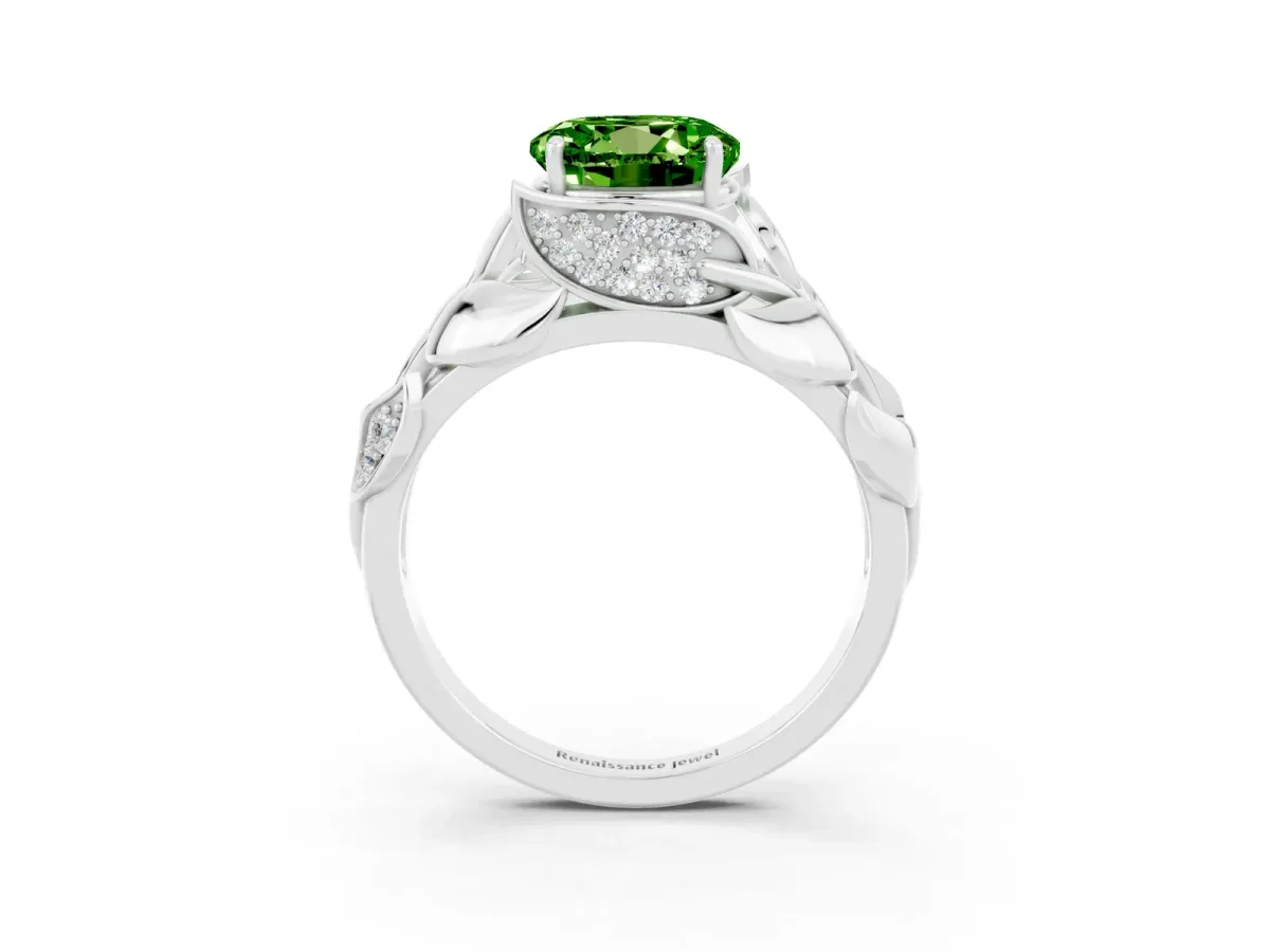 Round Cut Peridot Leaf-Inspired Engagement Ring with Round Accents and Prong Setting Silver