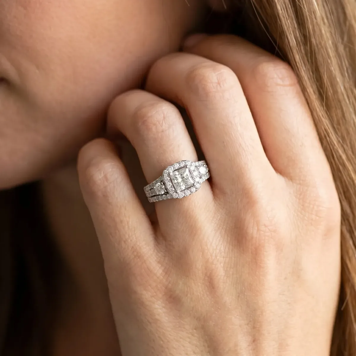Halo Princess Cut Cut Split Shank Diamond Ring with Four-Prong Setting Silver