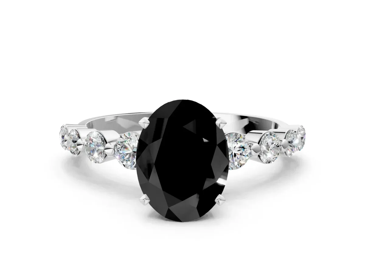 Fancy Black Oval Cut Solitaire Diamond Ring with Pave Band and Four-Prong Setting Platinum