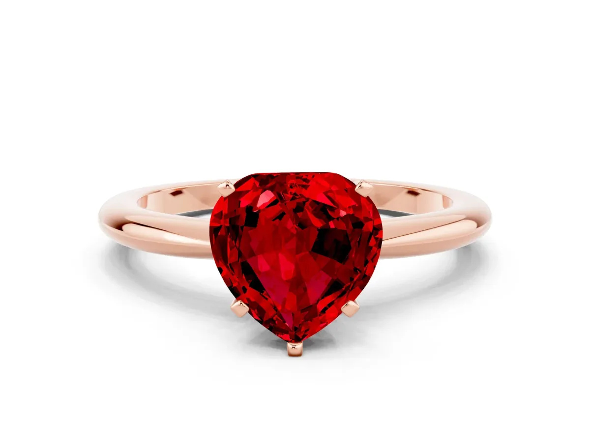 Heart Cut Ruby Solitaire Ring with Six-Prong Setting and Classic Band Rose gold