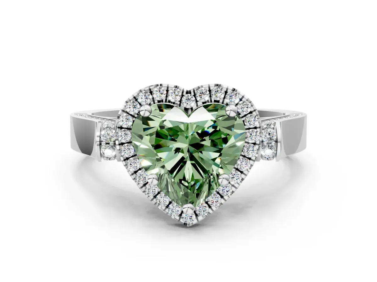 Fancy Green Heart Cut Halo Pave Split Shank Prong Setting Ring Platinum