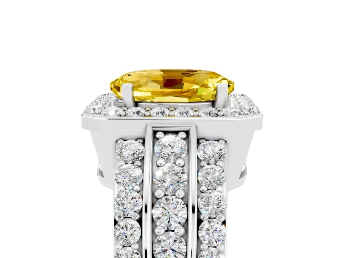 Oval Cut Halo Yellow Sapphire Ring with Round Split Shank and Prong Setting Silver