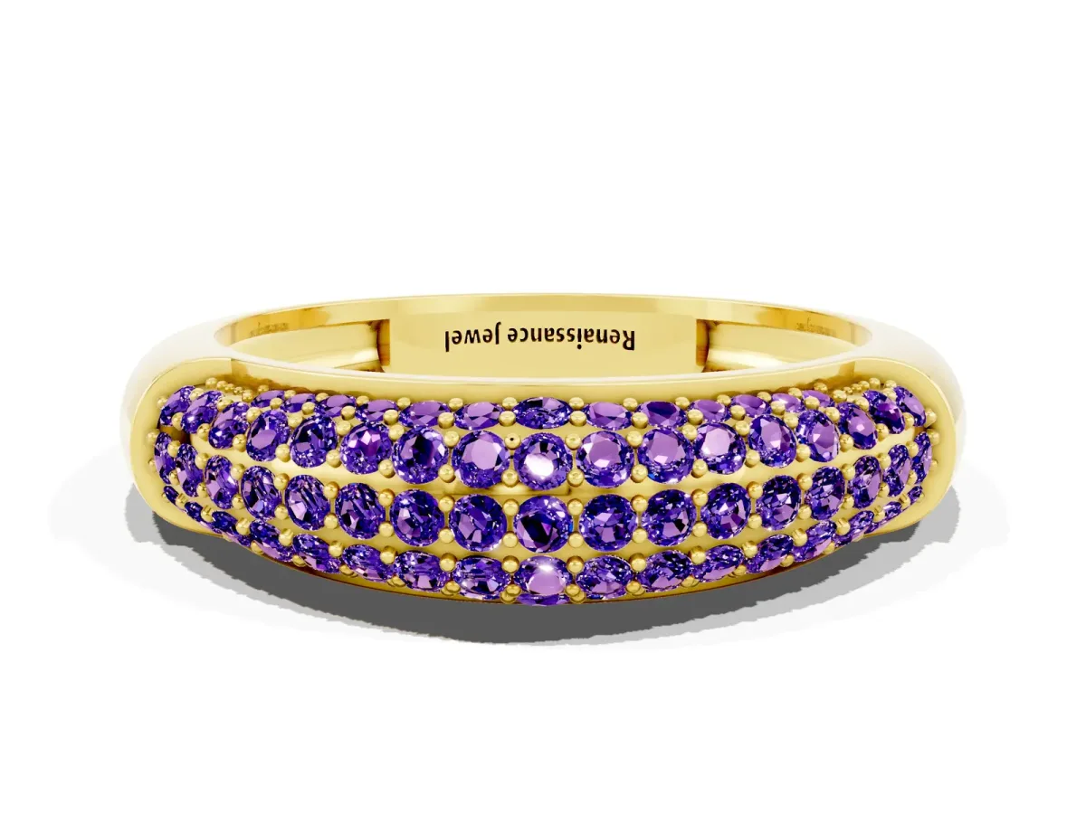 Three-Row Pavé Round Tanzanite Dome Band Yellow gold