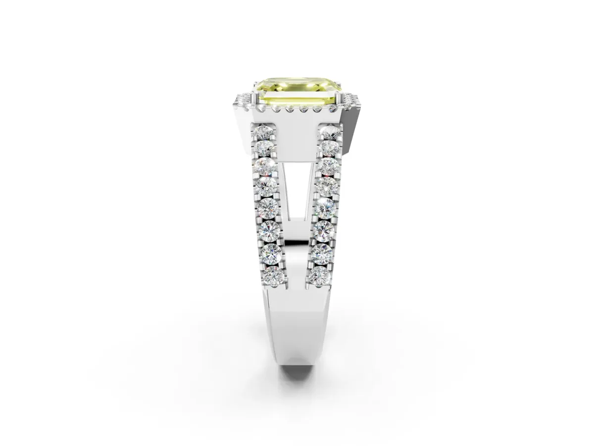 Fancy Yellow Asscher Cut Cut Halo Split Shank Diamond Ring with Four-Prong Setting Platinum