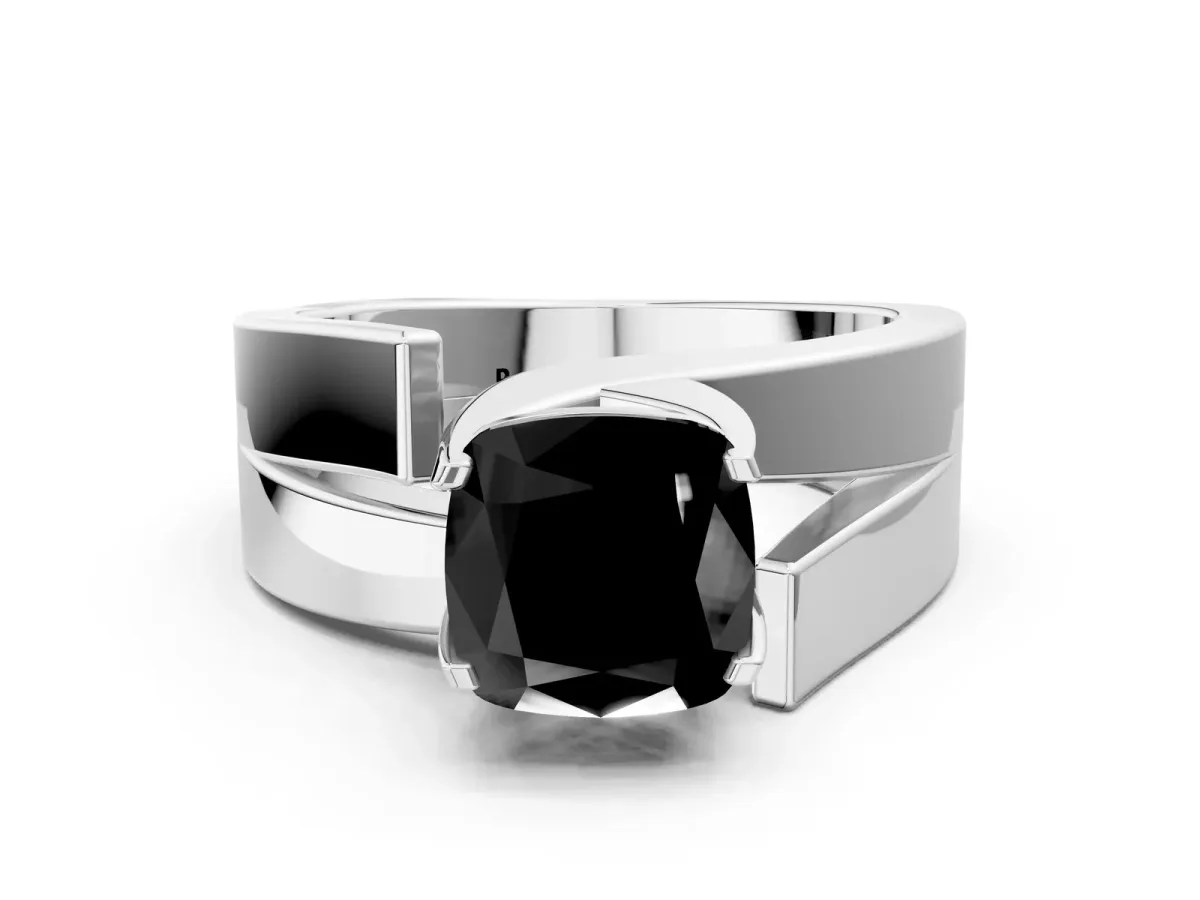 Fancy Black Modern Tension Set Cushion Cut Diamond Solitaire Wide Band Ring Silver