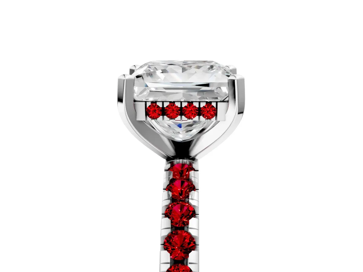 Princess Cut Diamond Solitaire Ring with Round Ruby Pavé Band and Four-Prong Setting Platinum