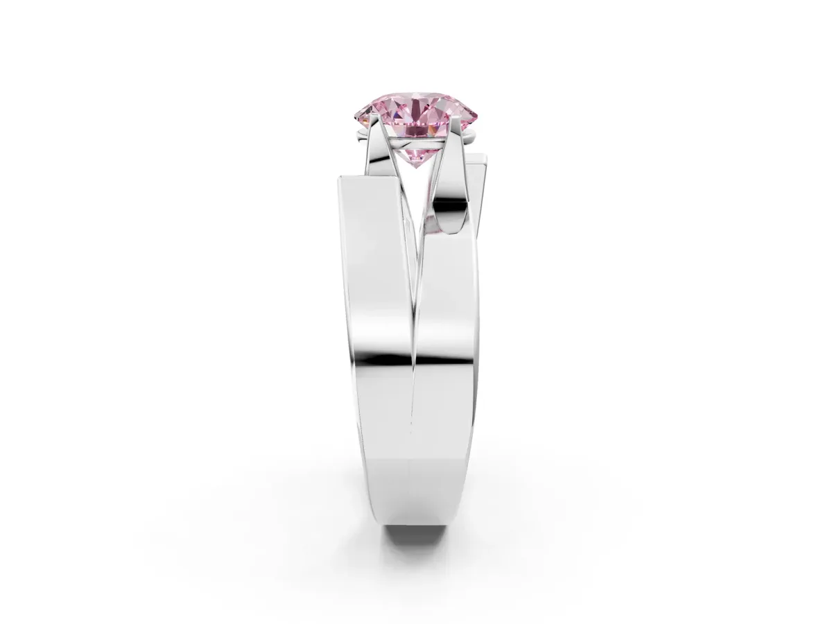 Fancy Pink Modern Tension Set Round Cut Diamond Solitaire Wide Band Ring Silver