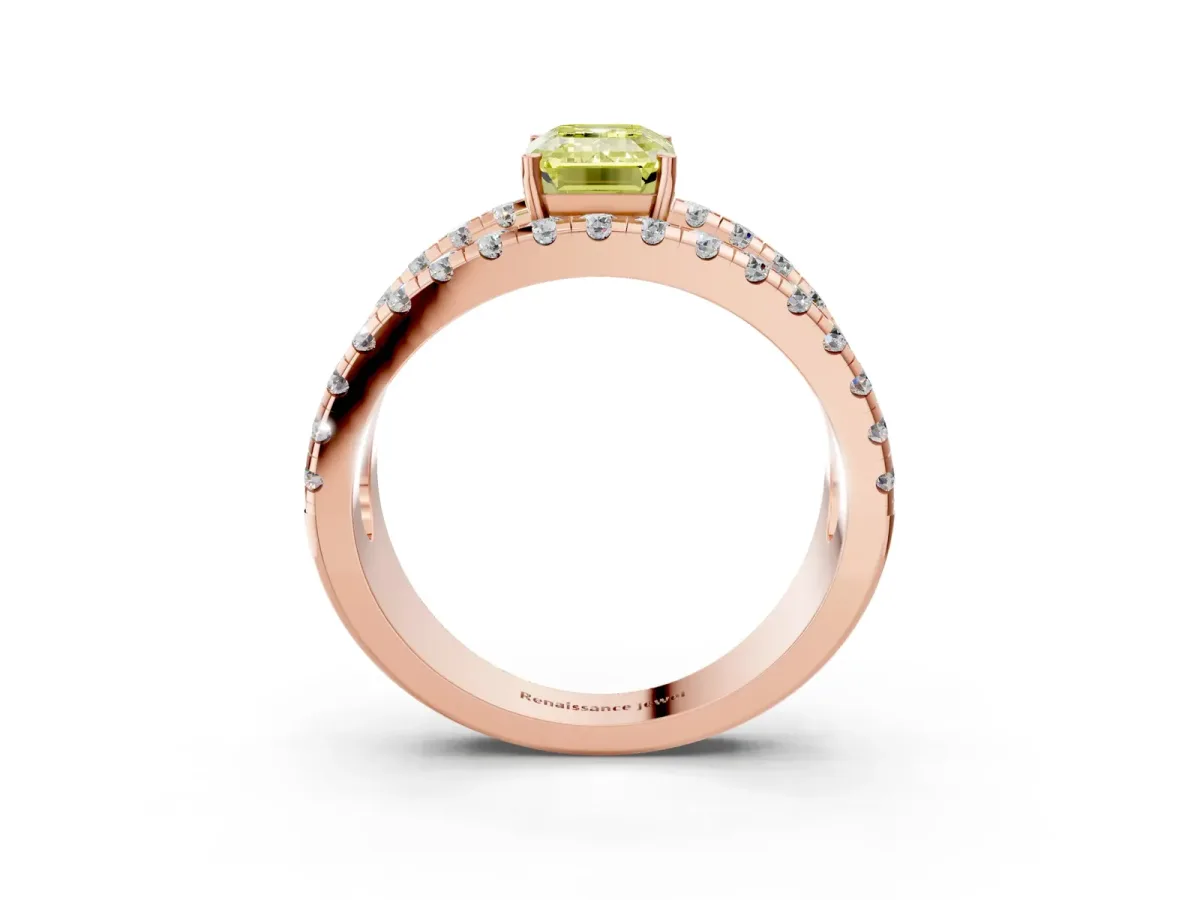 Fancy Yellow Emerald Cut Solitaire Split Shank Pave Diamond Ring Rose gold